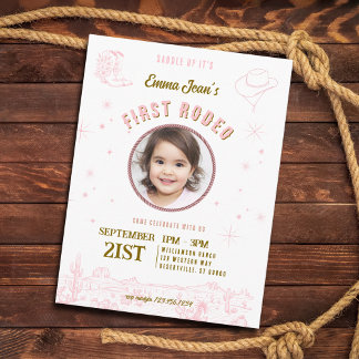 First Rodeo Pink Cowgirl First Birthday Einladungspostkarte