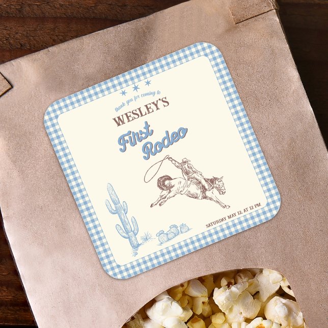 First Rodeo Wild West Boys 1st Birthday Party  Quadratischer Aufkleber (First Rodeo Wild West Boys 1st Birthday Party Square Sticker)