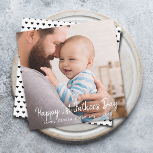 First Time Father's Day Photo Heart Pattern Feiertagskarte