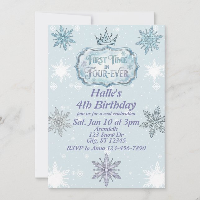 First Time Four-Ever Snowflake Birthday Invitation Einladung (Vorderseite)