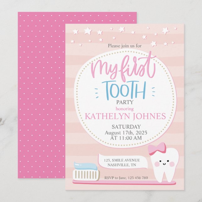 First Tooth Baby Girl Party Einladung (Vorne/Hinten)