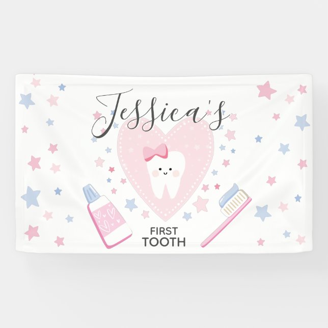 First Tooth Girl Dusche Party bearbeitbare Banner (Horizontal)