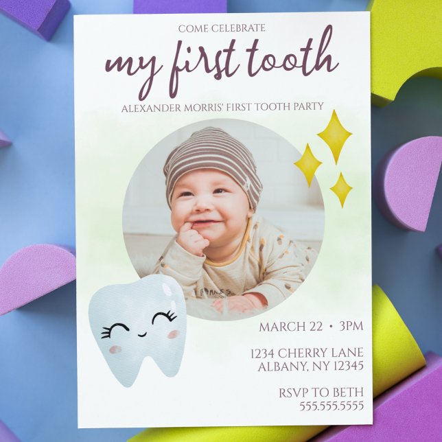 First Tooth Party Niedliches Foto Einladung ("my first tooth" party invitation cute gender neutral boy or girl baby party invite watercolor cute)
