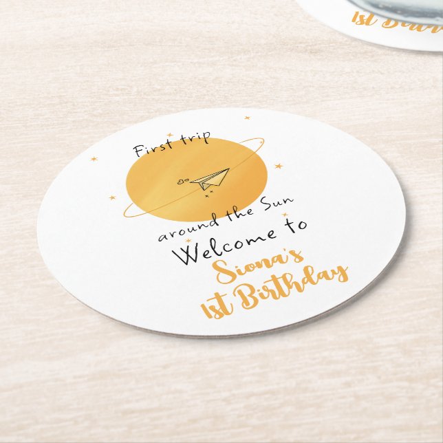 First Trip Around The Sun Paper Airplane Birthday Runder Pappuntersetzer (Angewinkelt)