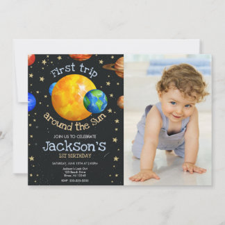 First Trip Outer Space 1st Birthday Boy Photo Einladung