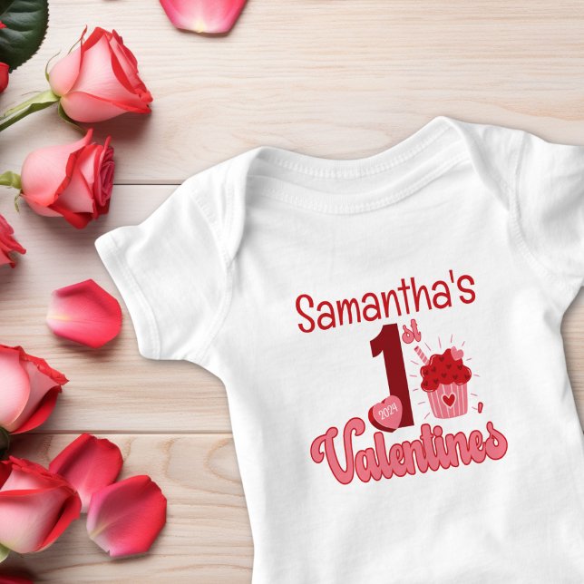 First Valentine Cupcake Red & Pink Girl Name Baby Strampler (Make your child's first Valentine extra special with our personalized (name & year) baby bodysuit. )