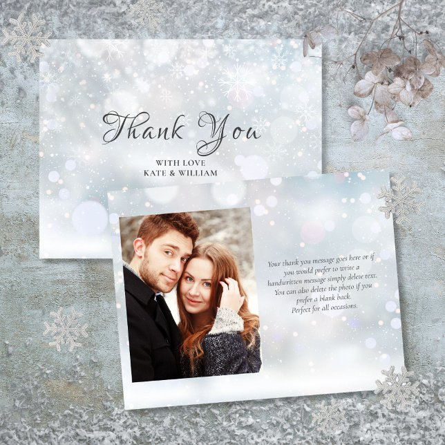 First Winter Snowflakes Elegantes Script Foto Dankeskarte (First Winter Snowflakes Elegant Script Photo Thank You Card)