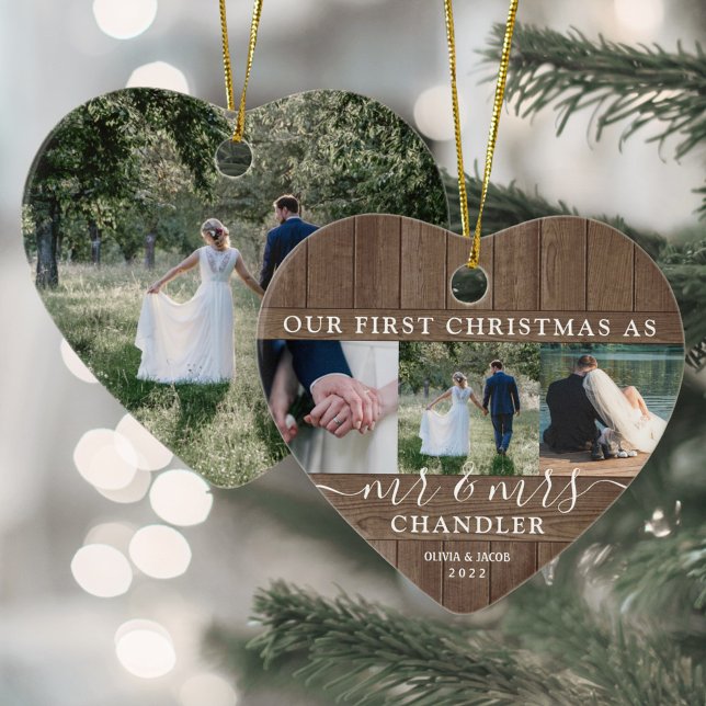 First Xmas Mr. & Mrs. 4 Foto Rustikale Imitate Hol Keramik Ornament (Von Creator hochgeladen)