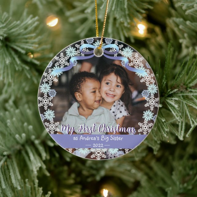 First Xmas Oma Snowflakes Ribbon Light Blue Keramik Ornament (Baum)