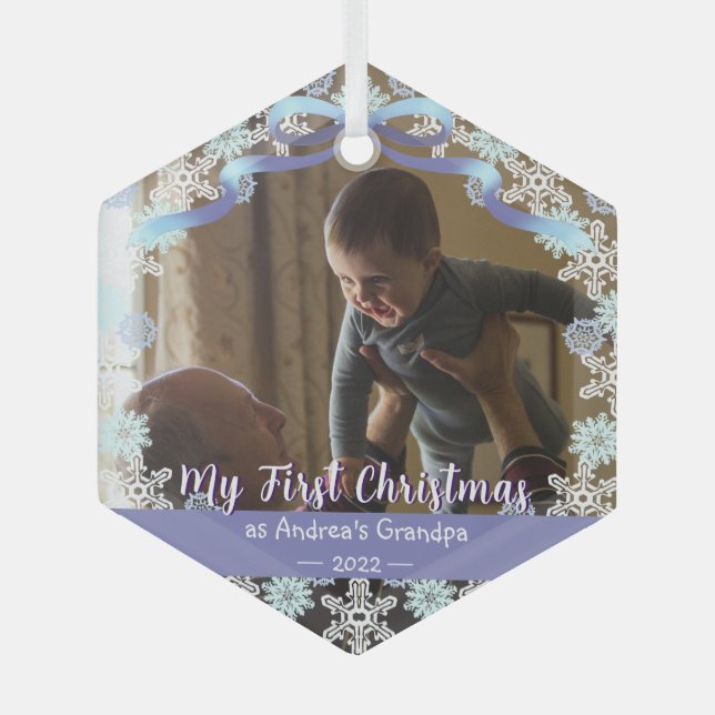 First Xmas Opa Light Blue Lila Töne Schnee Ornament Aus Glas (Vorderseite)