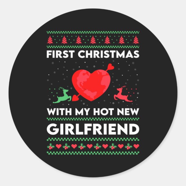 First Xmas With My New Girlfriend Men Ugly Christ  Runder Aufkleber (Vorderseite)