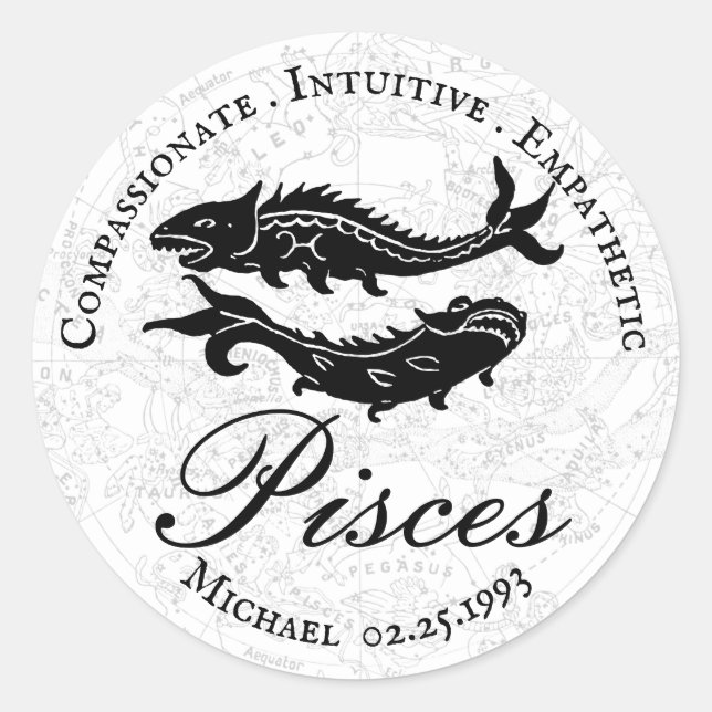 Fisces Zodiac Eigenschaften Astrologie Schwarz-wei Runder Aufkleber (Vorderseite)