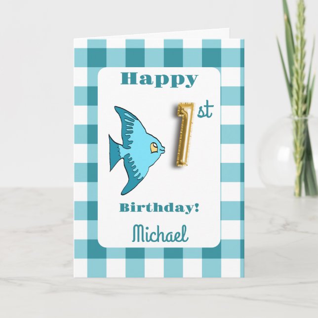Fisch & Aquamarin Gingham Ballon Nr. 1 Geburtstag Karte (Vorderseite)