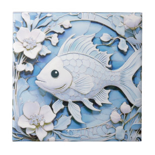 Fisch Art Nouveau Faux-Relief Blaue Meer Ozean Leb Fliese