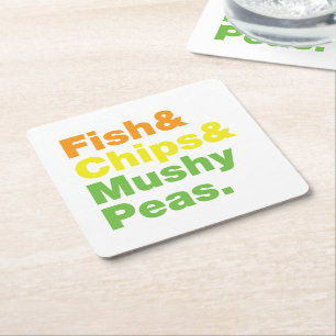 Fisch & Chips & Mushy Peas. Rechteckiger Pappuntersetzer
