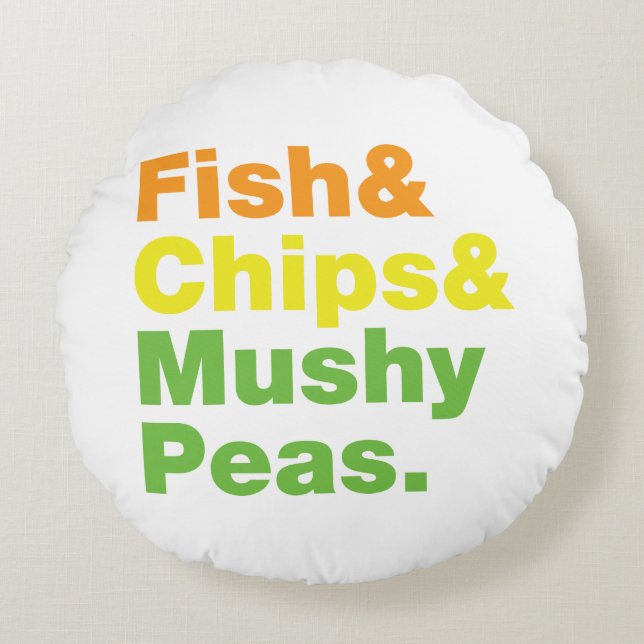 Fisch & Chips & Mushy Peas. Rundes Kissen (Vorderseite)