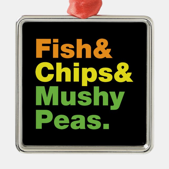 Fisch & Chips & Mushy Peas. Silbernes Ornament (Vorne)