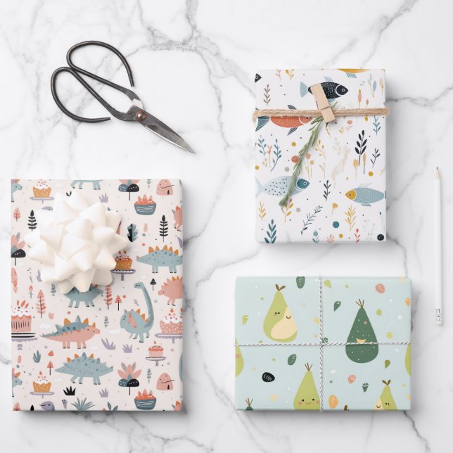 Fisch, Dinos und Avo Geschenkpapier Set (Vorderseite)
