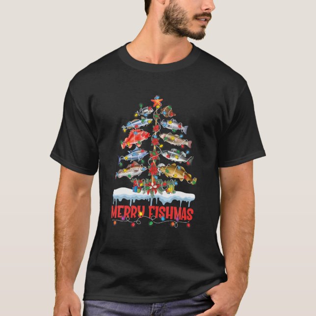 Fisch Fischen Weihnachtsbaum Lights Merry Fishmas  T-Shirt (Vorderseite)