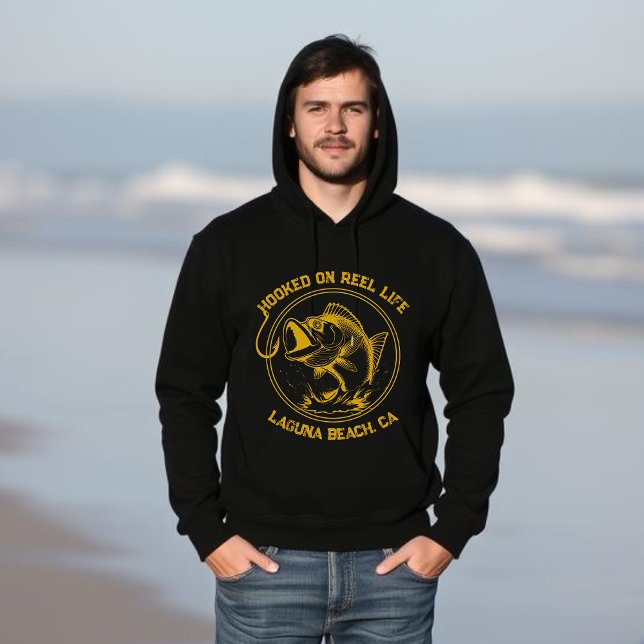 Fisch in der Rolle Hoodie (Fish Hooked on Reel Life Black and Gold Hoodie)