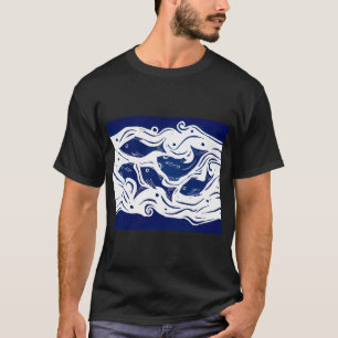 Fisch Linolschnitt in Blau und Weiß T-Shirt