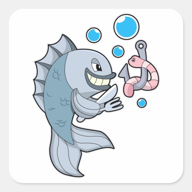Fisch mit Fischhaken und Wurm Quadratischer Aufkleber (Vorderseite)