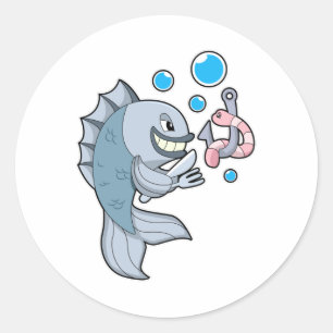Fisch mit Fischhaken und Wurm Runder Aufkleber