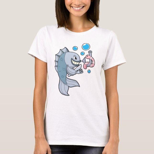 Fisch mit Fischhaken und Wurm T-Shirt (Vorderseite)
