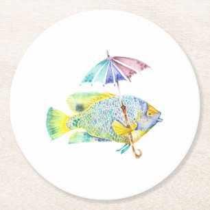 Fisch mit Regenschirm Runder Pappuntersetzer
