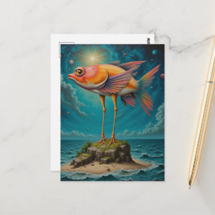 Fisch mit Vogelleinen auf winziger Insel Surreal Postkarte