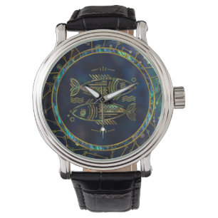 Fisch-Tierkreis-Goldohrschnecke auf Konstellation Armbanduhr