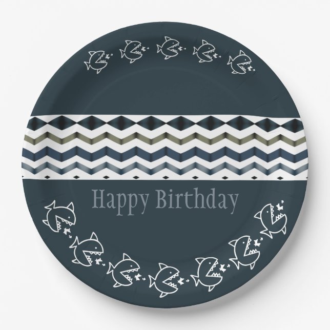 Fisch und ein weites Muster der Blues zum Geburtst Pappteller (Vorderseite)