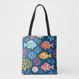 Fisch und Koralle nautisches Blau Tasche