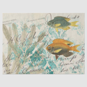 Fisch und Meeresalgen mit schriftlicher Dekoupage Seidenpapier