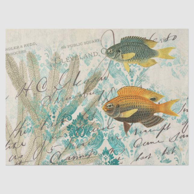 Fisch und Meeresalgen mit schriftlicher Dekoupage Seidenpapier (Vorderseite)