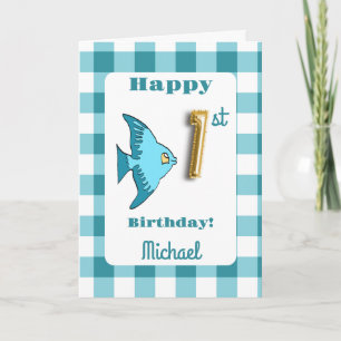 Fisch- und Teal-Gingham-Ballon Nummer 1. Geburtsta Karte