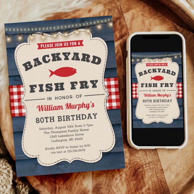 Fisch vom Hinterhof am 80. Geburtstag Einladung (Backyard Fish Fry 80th Birthday Invitation)