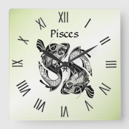 Fisch Zodiac Clock grüne römische Zahlen Quadratische Wanduhr