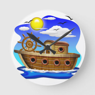 Fischboot Cartoon Runde Wanduhr