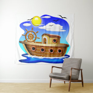 Fischboot Cartoon Wandteppich