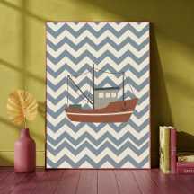 Fischboot Chevron Blau Jungen Kinderzimmer Kunstpr