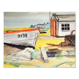 Fischboot und Strandhütte Fotodruck