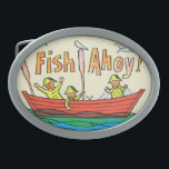 Fische ahoi! ovale gürtelschnalle<br><div class="desc">Künstler: Glücklicher Fischer Freds Orfe |, der die Fische über der Seite eines Bootes zählt.</div>