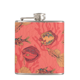 Fische auf lebendem Korallenhintergrund Flachmann