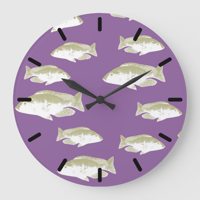 Fische auf lila große wanduhr (Vorderseite)
