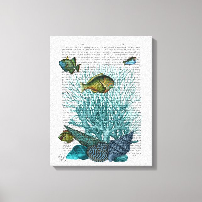 Fische, blaue Muscheln und Korallen Leinwanddruck (Vorderseite)