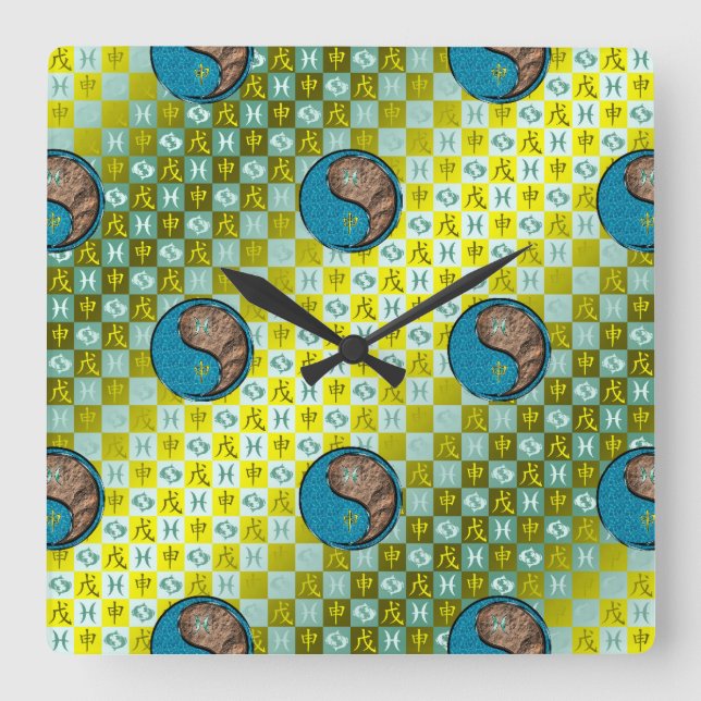 Fische & Erdaffe Quadratische Wanduhr (Vorderseite)