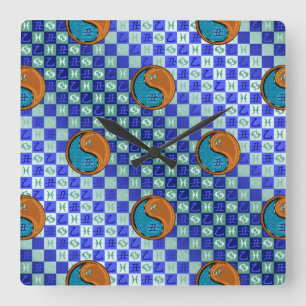 Fische & Holz-Ochse Quadratische Wanduhr