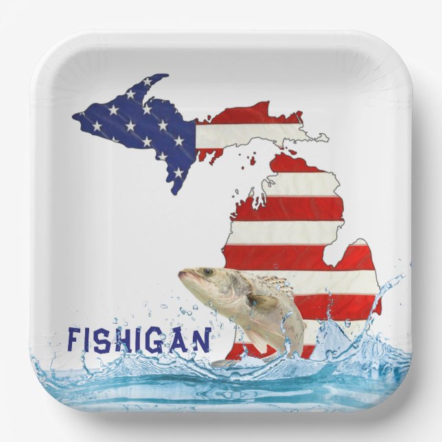 Fische in Wasser mit Fahne Michigan Pappteller (Vorderseite)
