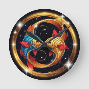 ♓ Fische Kosmischer Glanz 🌌 Künstlerischer Tierkr Runde Wanduhr